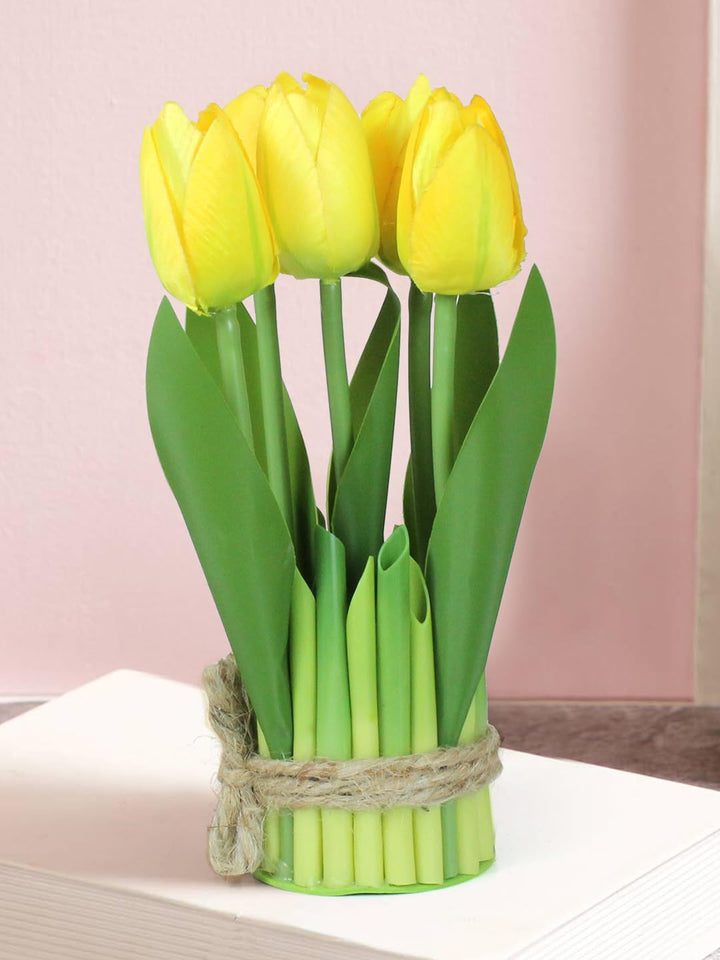 TIED RIBBONS Polyester Artificial Tulip Flowers For Decoration Fake Flower With Leaves