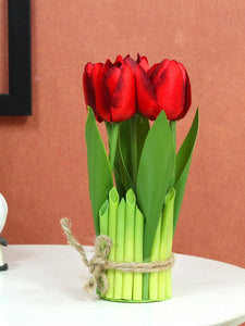 TIED RIBBONS Polyester Artificial Tulip Flowers For Decoration Fake Flower With Leaves